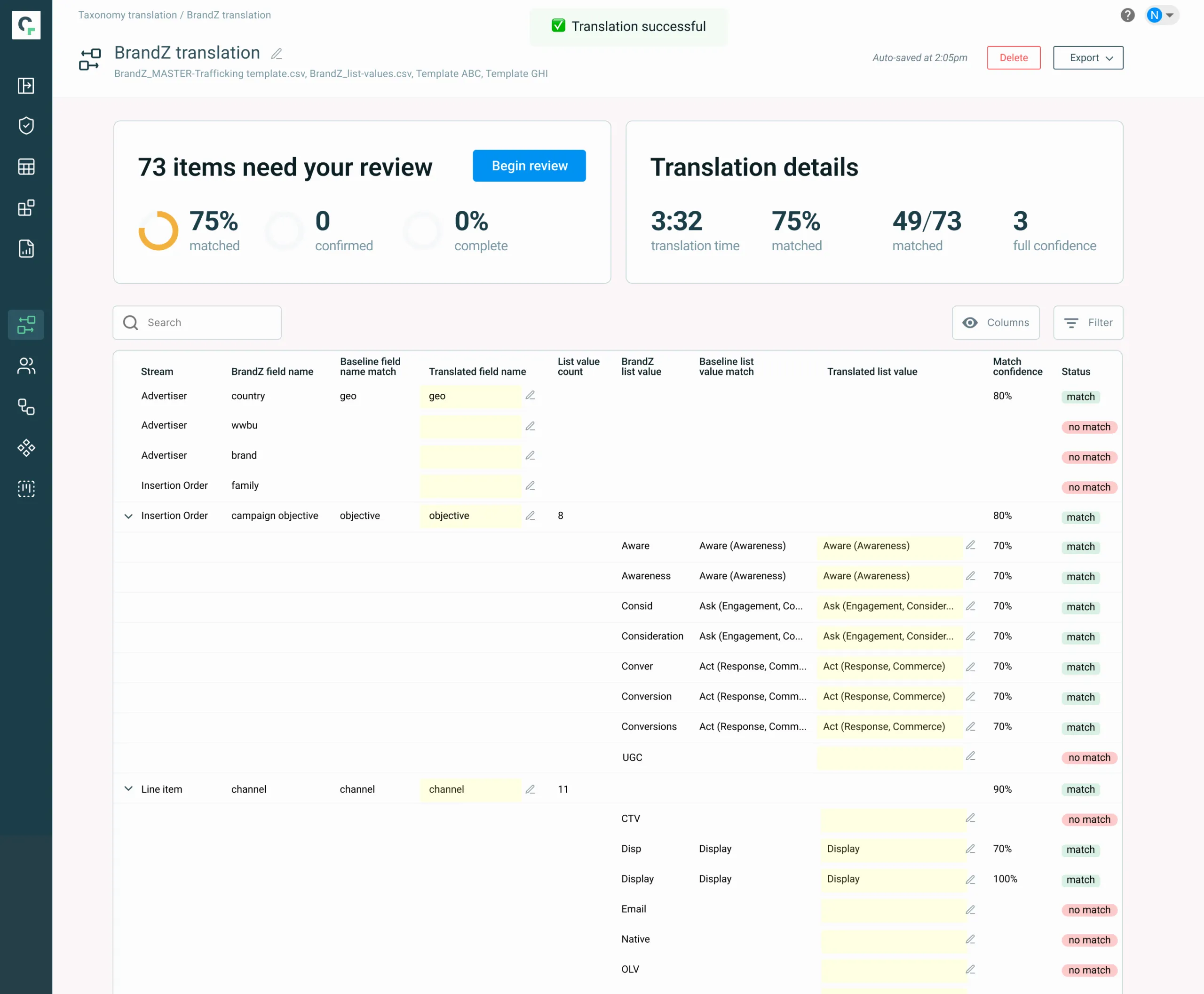 Taxonomy translation dashboard mapping one team’s values onto another’s