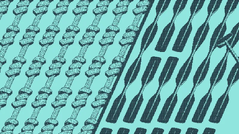 Knotted rope cords in loose rows beside a bundle of straight fluted rods