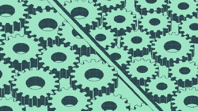 Interlocking gears meshed edge to edge across a diagonal seam