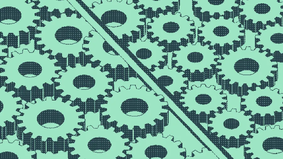 Interlocking gears meshed edge to edge across a diagonal seam