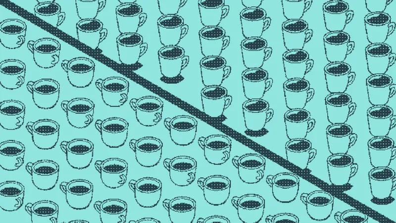 Coffee mugs in loose rows beside footed goblets in neat columns