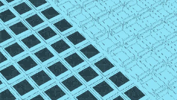 A neat grid of diamond tiles unraveling into loose scribbled lines