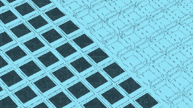 A neat grid of diamond tiles unraveling into loose scribbled lines