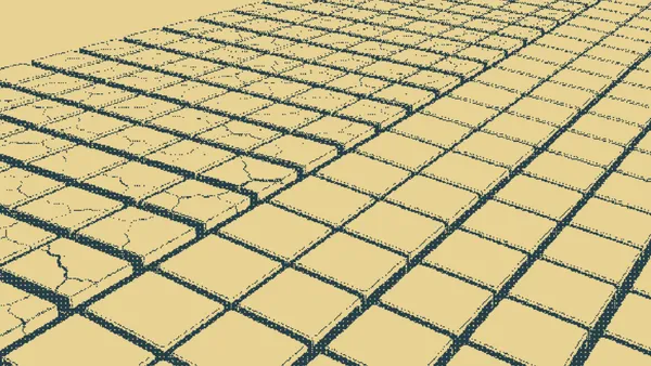 Cracked, uneven floor tiles giving way to a neat uniform grid