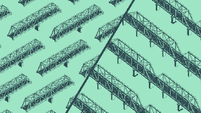 Parallel truss beams converging into a single branching fork