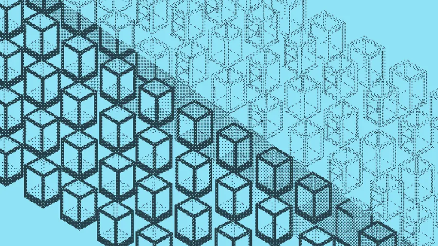 Solid speckled cubes stacked densely, fading into transparent outlines