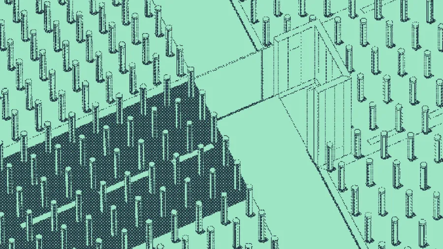 Upright bolts giving way to a solid enclosure and an open wireframe lattice