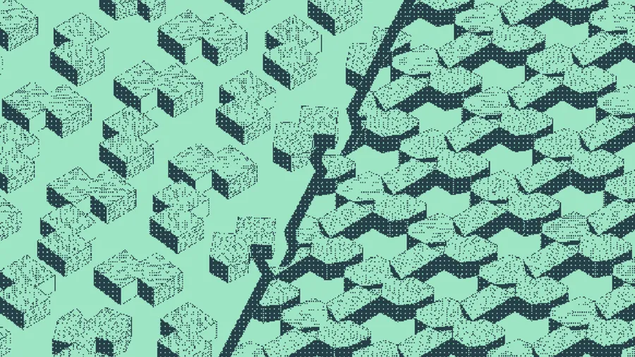 Scattered cube clusters beside a uniform chevron pattern of blocks