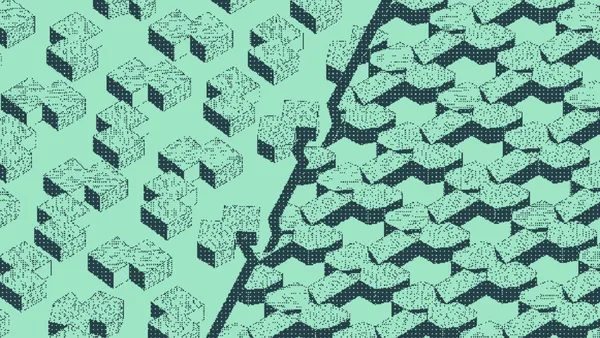 Scattered cube clusters beside a uniform chevron pattern of blocks