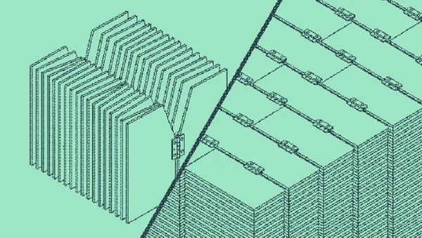 A pleated file divider fanned open beside a chain across paneled blocks