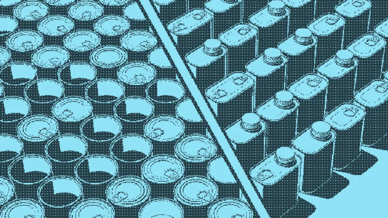 Open canisters in tidy rows beside capped canisters tipped on their side
