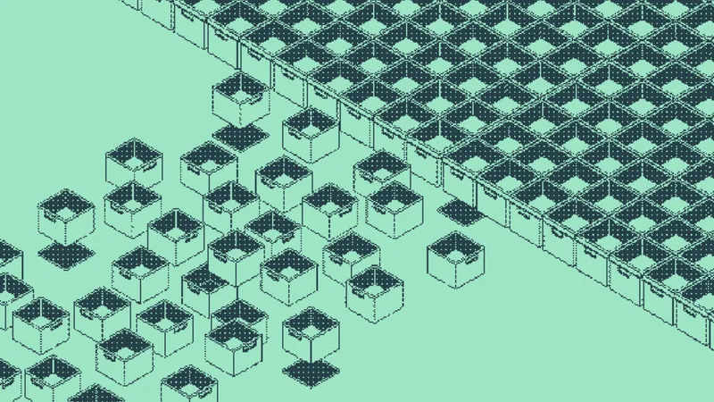 Open bins scattered loosely beside bins packed tightly in a dense grid