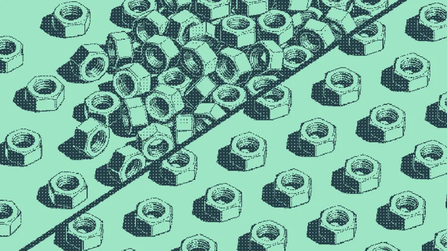 Hexagonal nuts tangled in a cluster beside neat diagonal rows of nuts