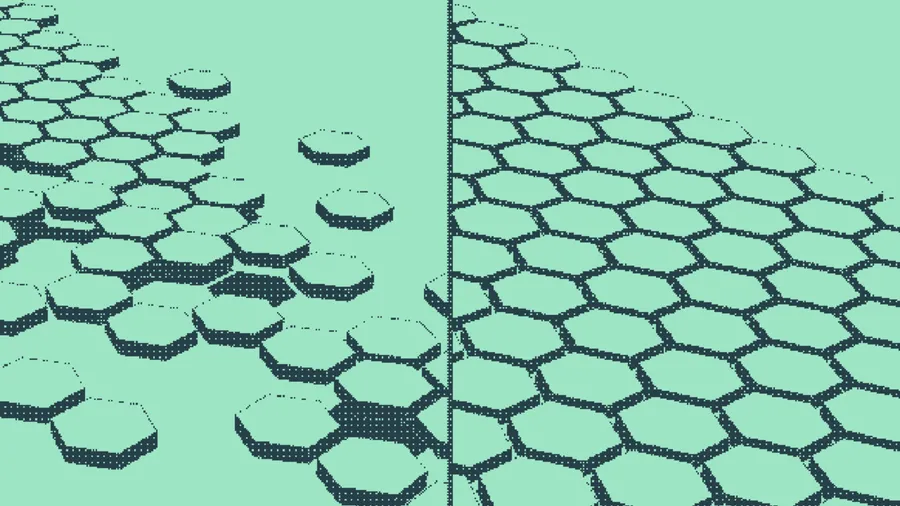 Hexagonal tiles scattered with gaps beside tiles fitted seamlessly