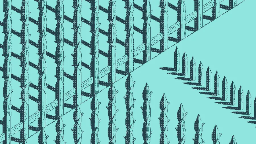 A crosshatched wooden trellis beside rows of upright spikes