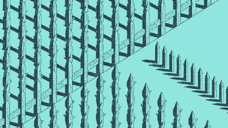 A crosshatched wooden trellis beside rows of upright spikes