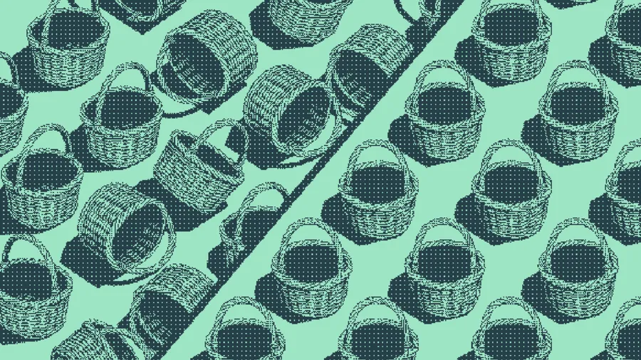Woven baskets tumbled at odd angles beside baskets in tidy rows
