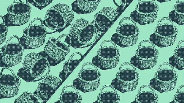 Woven baskets tumbled at odd angles beside baskets in tidy rows