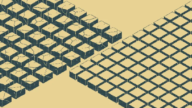 Cracked cube blocks jumbled loosely beside diamond tiles fitted neatly
