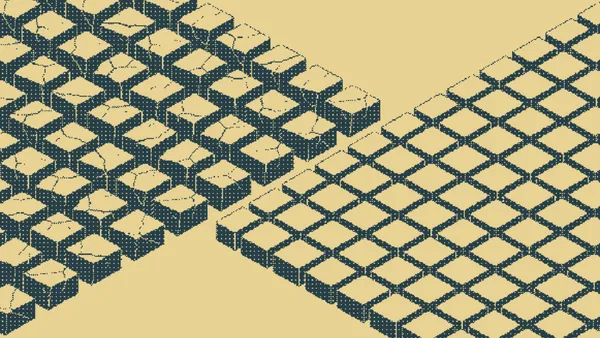 Cracked cube blocks jumbled loosely beside diamond tiles fitted neatly