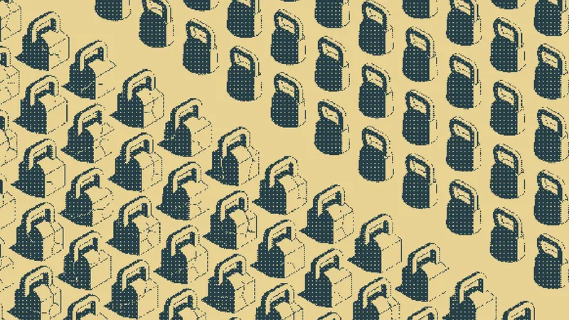 Padlocks packed in overlapping rows, thinning into an evenly spaced grid