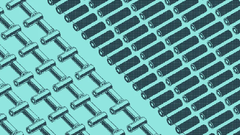 T-shaped pegs in loose diagonal rows beside tightly packed rods