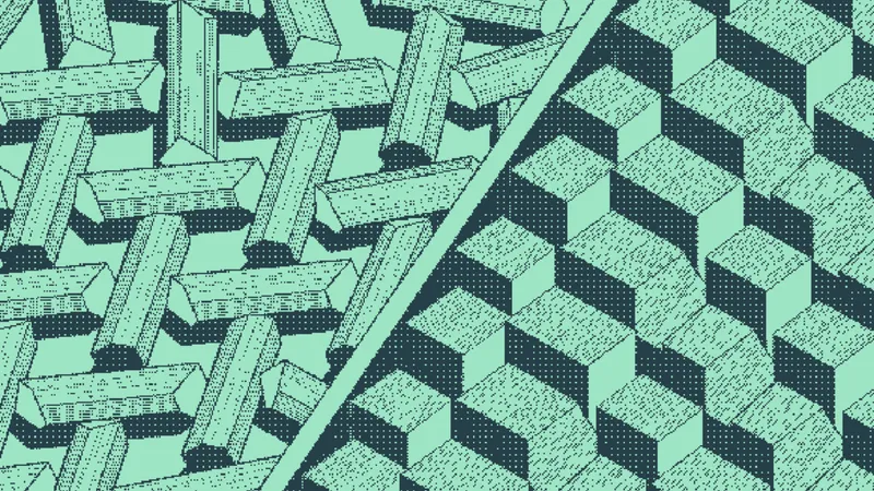 Wooden beams scattered like jackstraws beside blocks in a neat grid