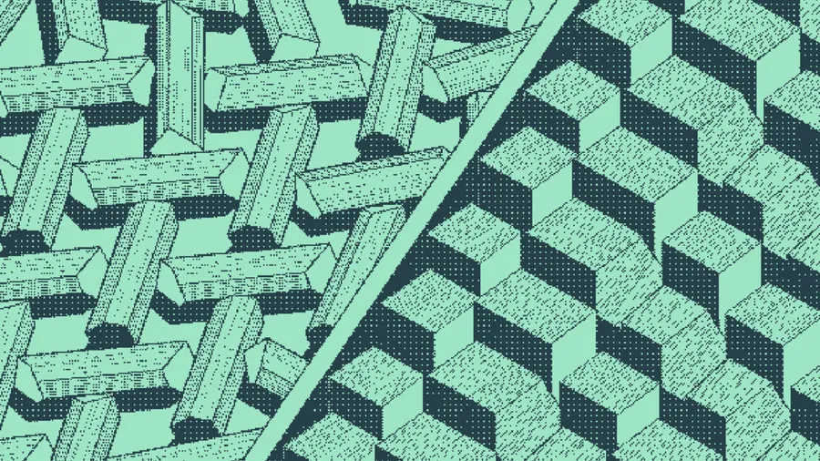 Wooden beams scattered like jackstraws beside blocks in a neat grid
