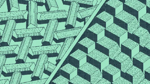 Wooden beams scattered like jackstraws beside blocks in a neat grid