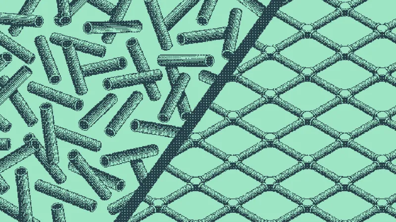 Loose dowels crossing at random beside dowels linked in a diamond lattice