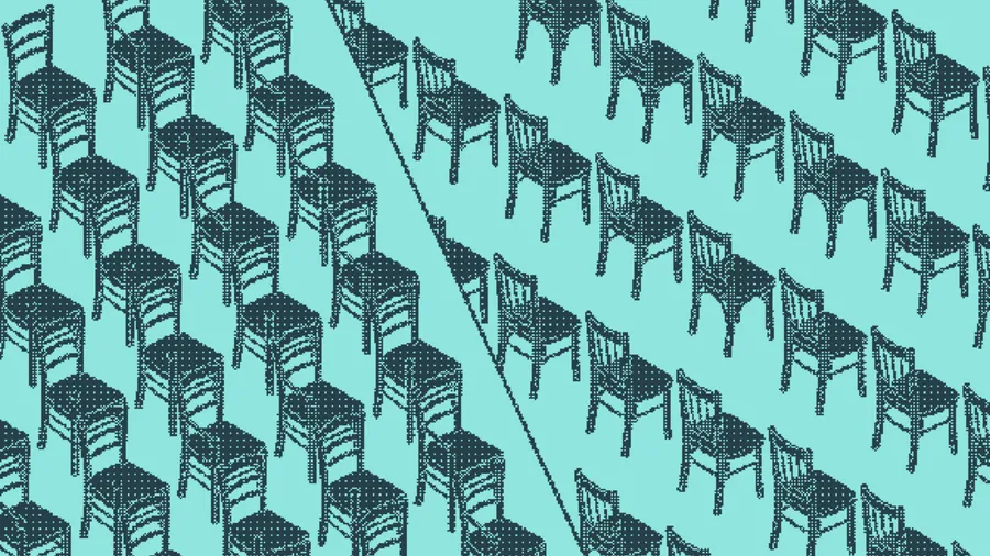 Chairs packed in a dense uniform grid beside chairs spaced irregularly