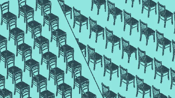 Chairs packed in a dense uniform grid beside chairs spaced irregularly