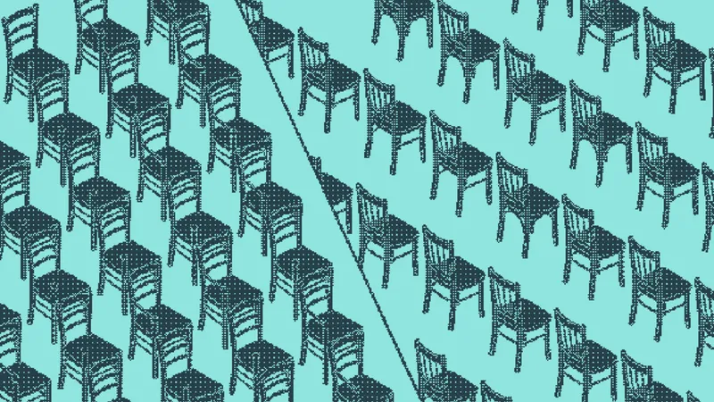 Chairs packed in a dense uniform grid beside chairs spaced irregularly