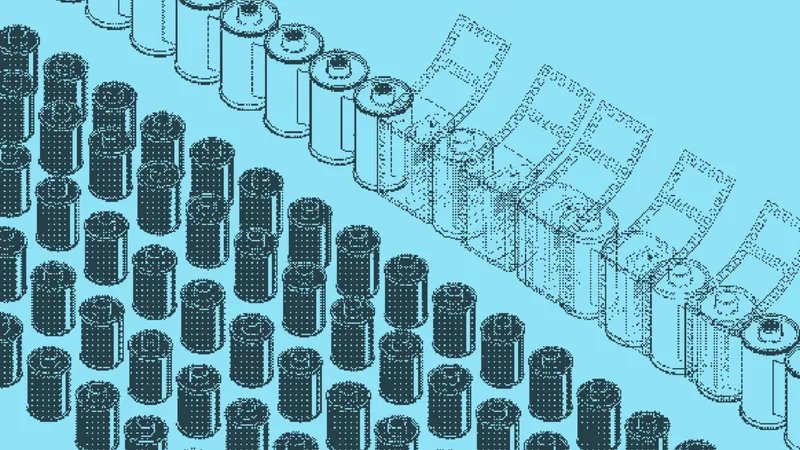 Film canisters packed densely, thinning into outlined reels and strips