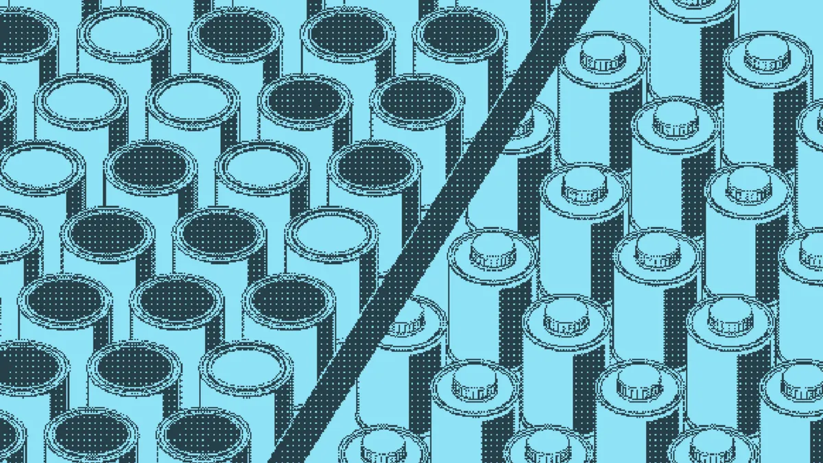 Loose rods tumbling apart above a dense upright mass of packed rods